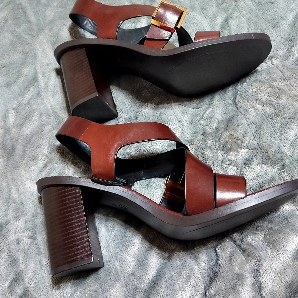 Zara Brown Leather Buckled Heeled Sandals Sz-11